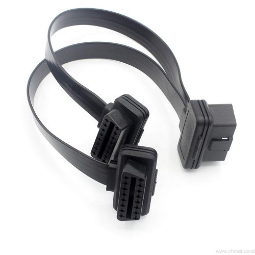 OBD-II Splitter Y Cable Ultra Low Profile - 1 Male to 2 Female OBD2 Car Diagnostic Extender Cord Adapter - Full 16 Pin Pass Through 90 Angled Flat Noodle Cable - 0.3m - Image 4